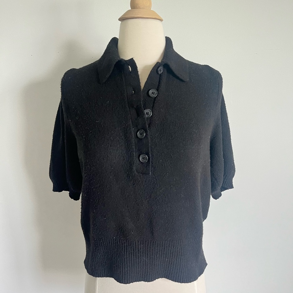 A New Day Black Knit puff sleeve henley Sweater- Size Medium.